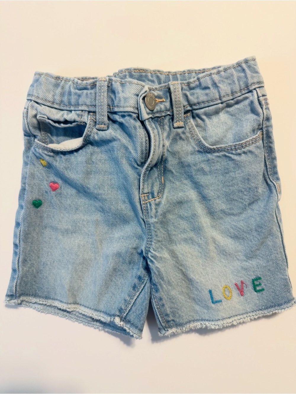 Old Navy Light Blue Denim Shorts with Colorful LOVE Embroidery